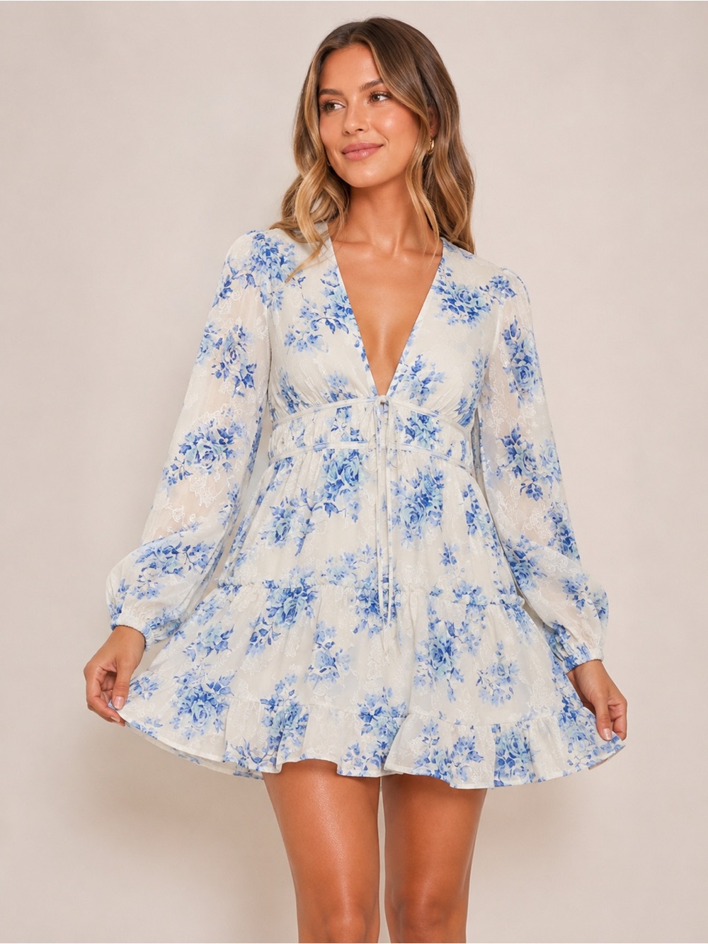 Ty Cream Mini Dress with Blue Floral Motif